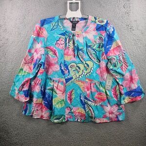 NEW Ali Miles Top Blouse Women XL Tie Neck Colorful Leaf Print
